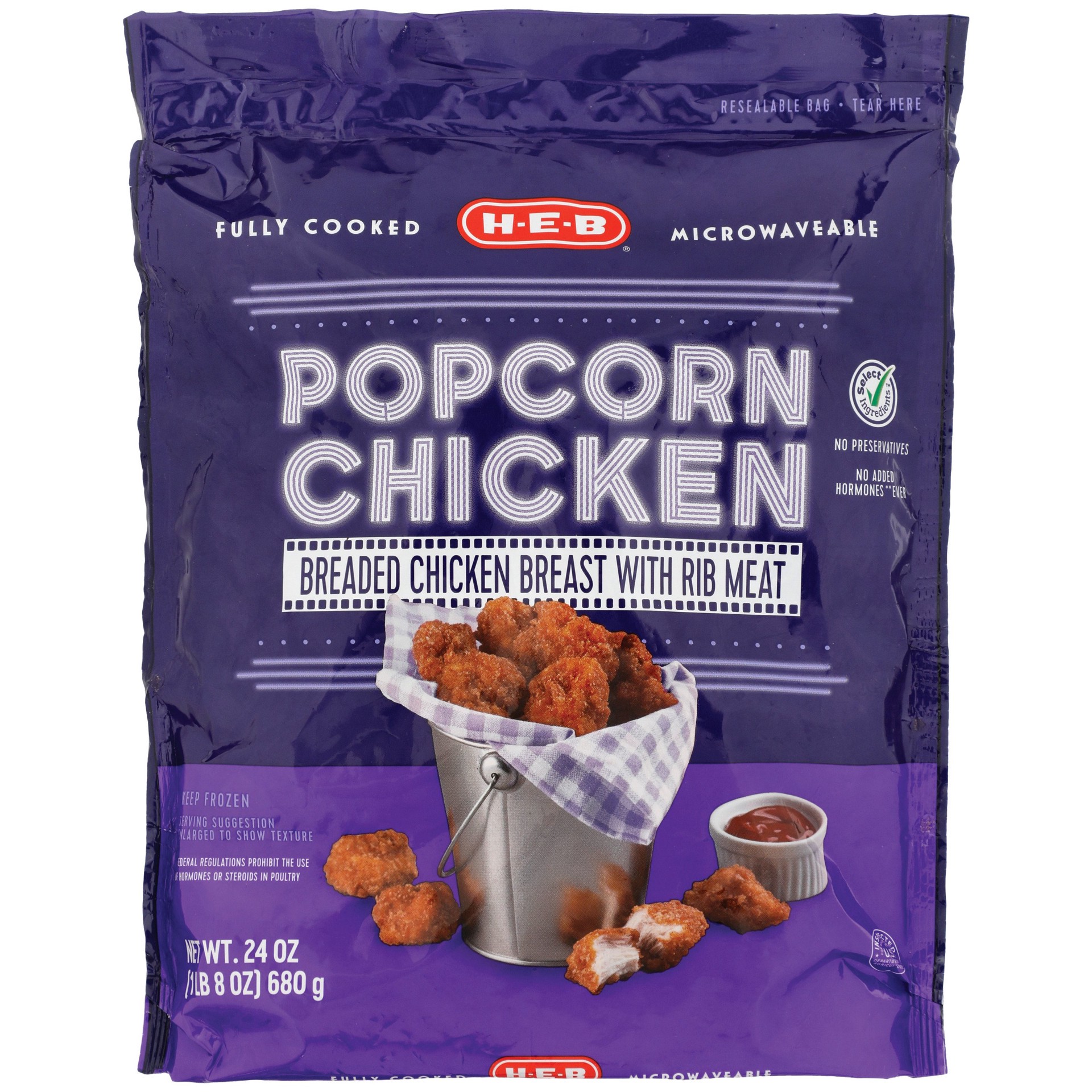 slide 1 of 1, H-E-B Fully Cooked Frozen Popcorn Chicken, 24 oz