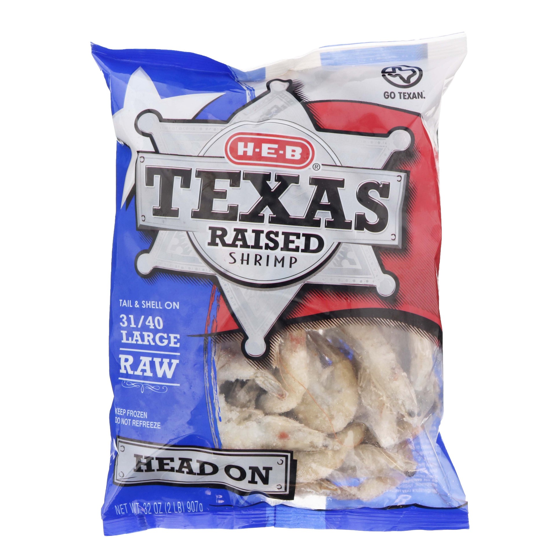 slide 1 of 1, H-E-B Texas Raised Head-On Tail-On Large Raw Frozen Shrimp, 31 - 40ct/lb, 2 lb