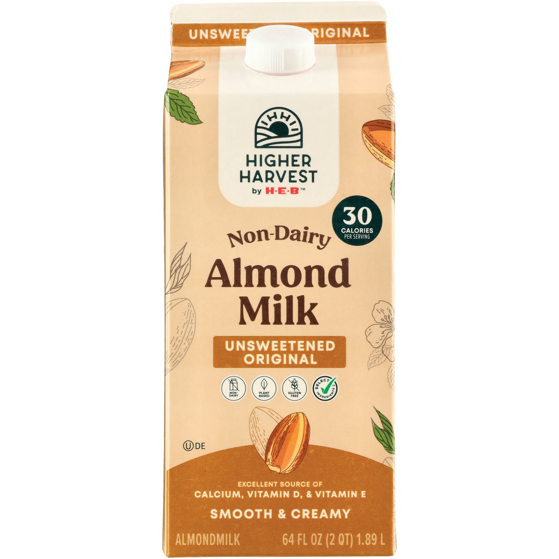 slide 1 of 1, Higher Harvest by H-E-B Non-Dairy Unsweetened Original Almond Milk, 1/2 gal