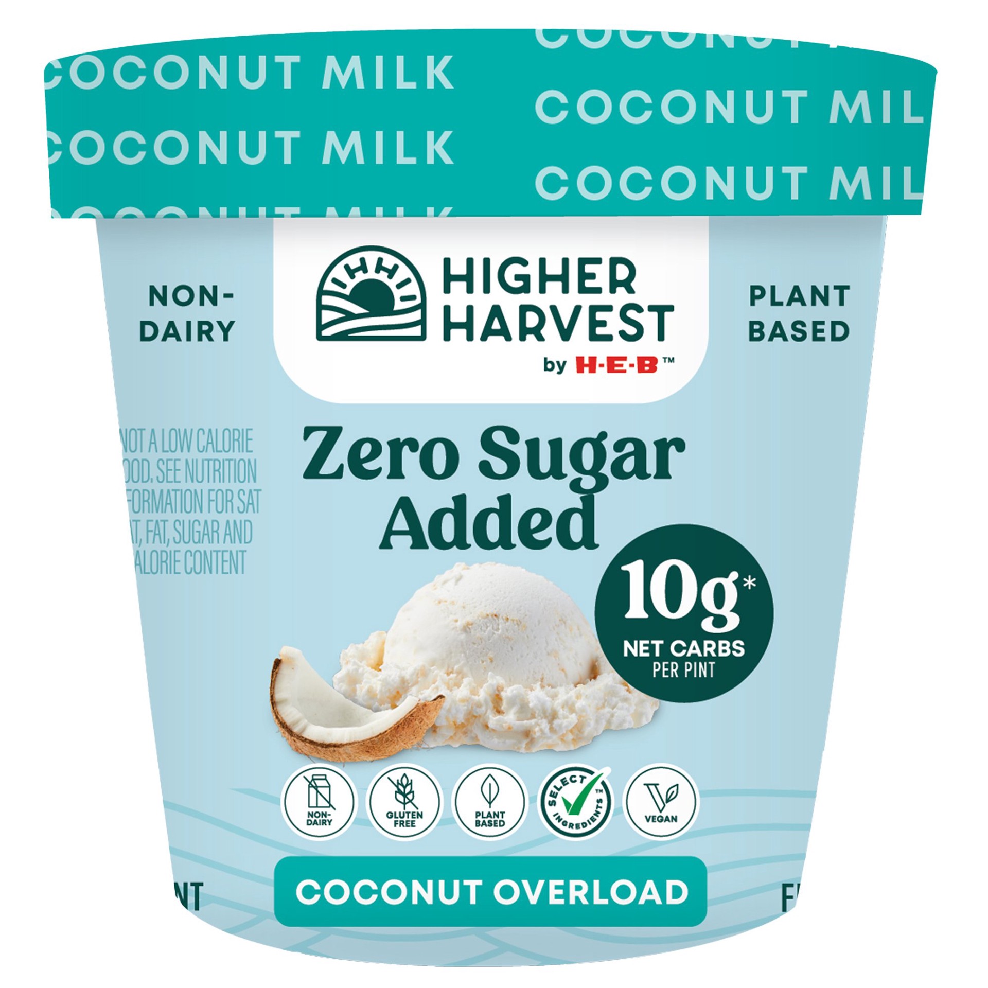slide 1 of 1, Higher Harvest by H-E-B Zero Sugar Added Non-Dairy Frozen Dessert – Coconut Overload, 1 pint
