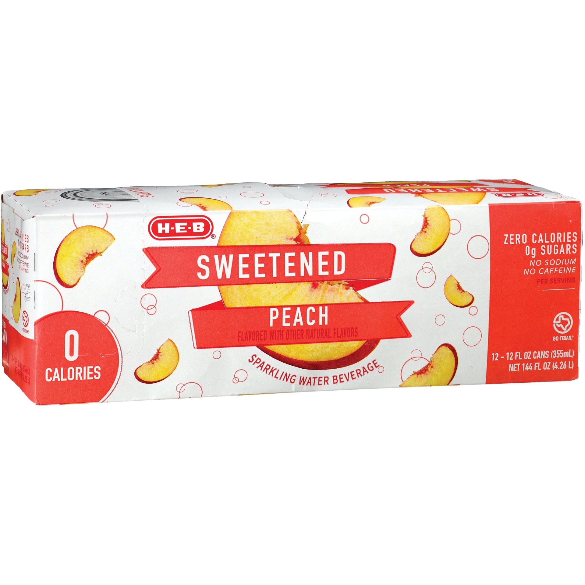 slide 1 of 1, H-E-B Sweetened Peach Sparkling Water 12 pk Cans, 12 oz