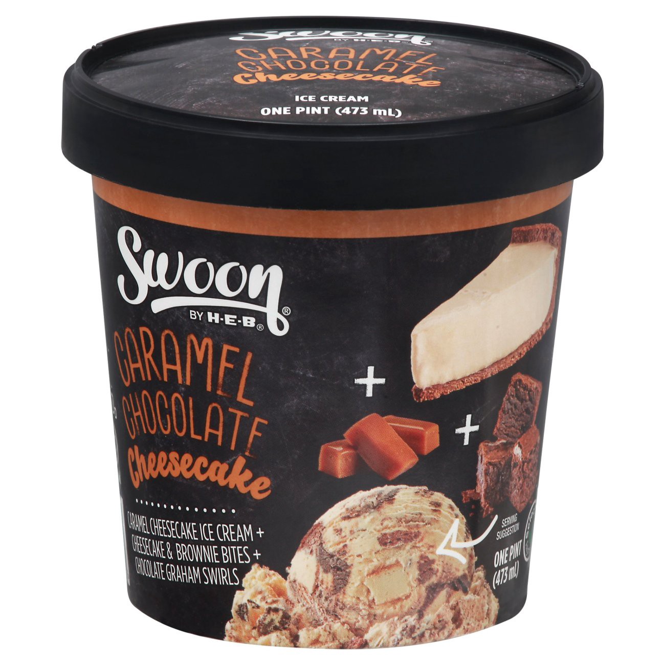 slide 1 of 1, Swoon by H-E-B Caramel Chocolate Cheesecake Ice Cream, 1 pint