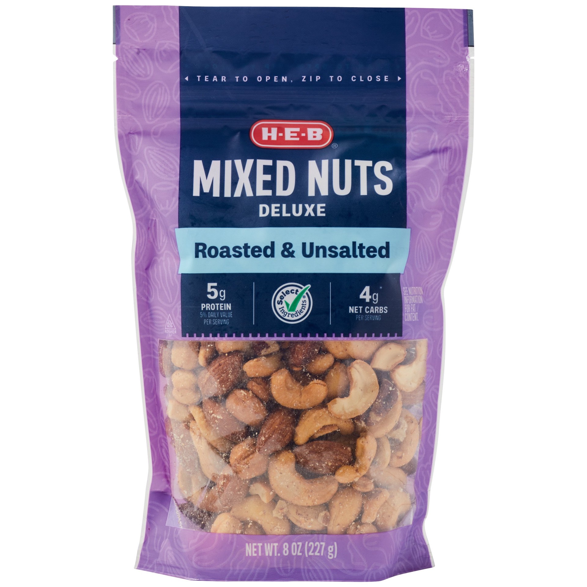 slide 1 of 1, H-E-B Deluxe Unsalted Roasted Mixed Nuts, 8 oz