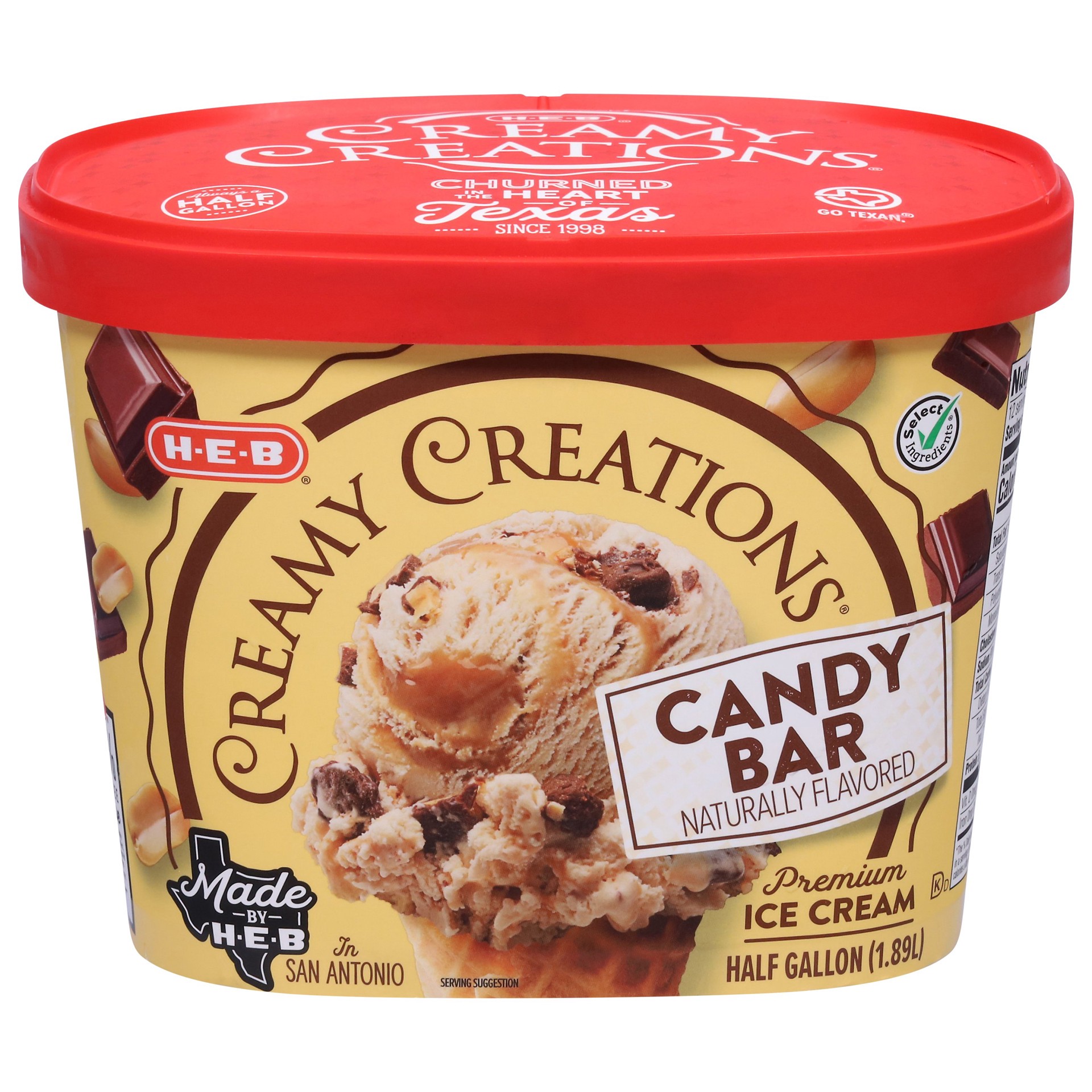 slide 1 of 1, H-E-B Creamy Creations Candy Bar Ice Cream, 1/2 gal