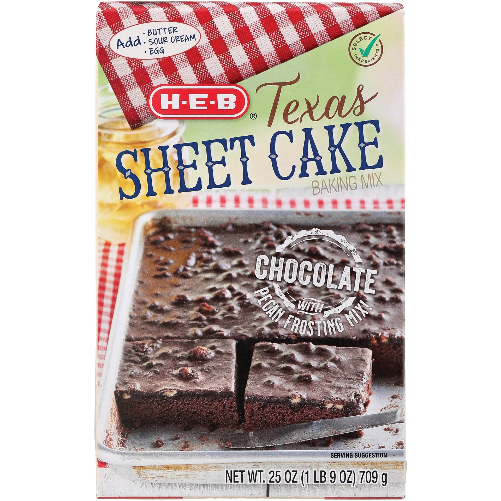 slide 1 of 1, H-E-B Texas Sheet Cake & Frosting Chocolate Baking Mix, 25 oz