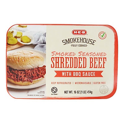 slide 1 of 1, H-E-B Fully Cooked Smoked Seasoned Shredded Beef with BBQ Sauce, 16 oz