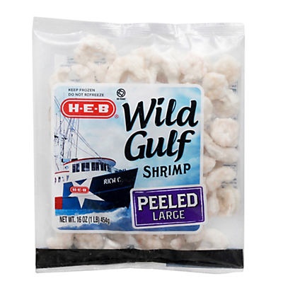 slide 1 of 1, H-E-B Raw Wild Gulf Peeled & Deveined Shrimp, 50-70ct /lb, 16 oz