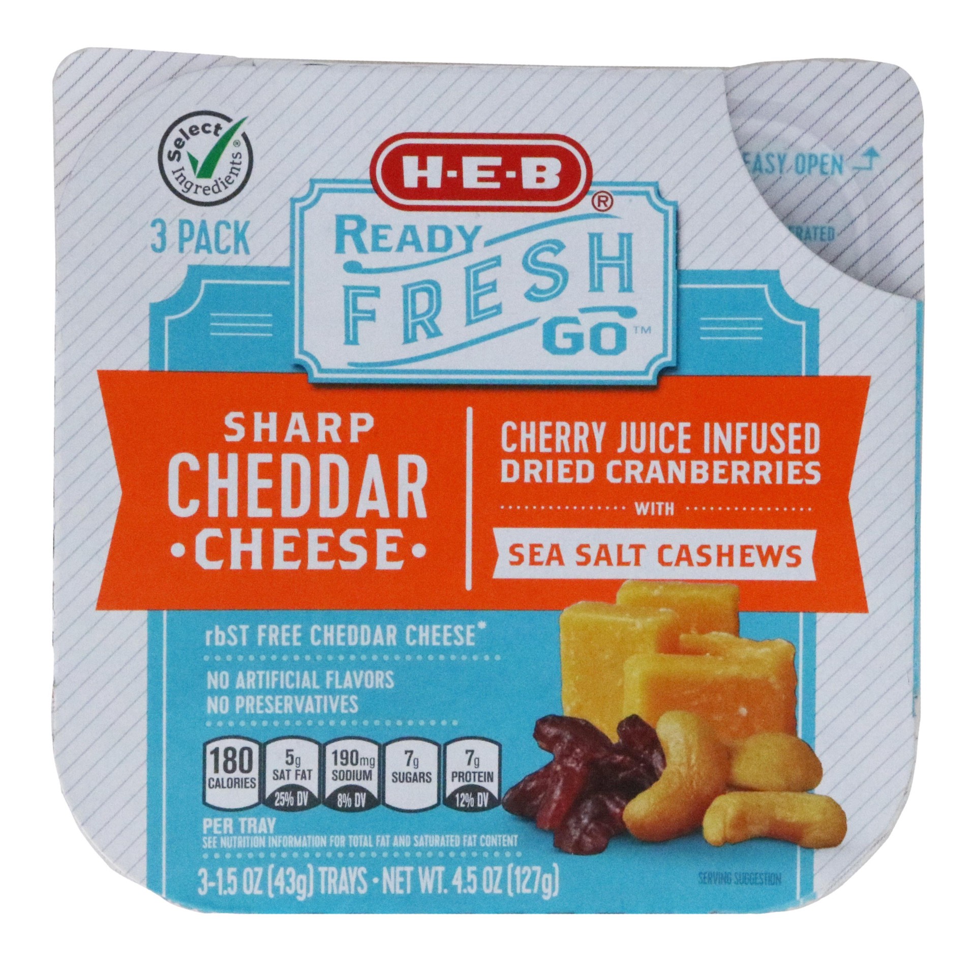 slide 1 of 1, H-E-B Ready, Fresh, Go! Snack Trays - Sharp Cheddar, Cranberries & Cashews, 3 ct