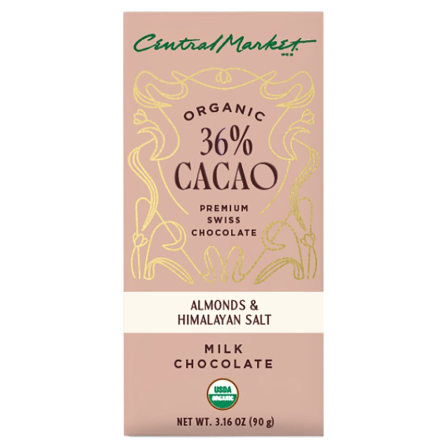 slide 1 of 1, Central Market Organic 36% Cacao Milk Chocolate Bar - Almonds & Himalayan Salt, 3.16 oz