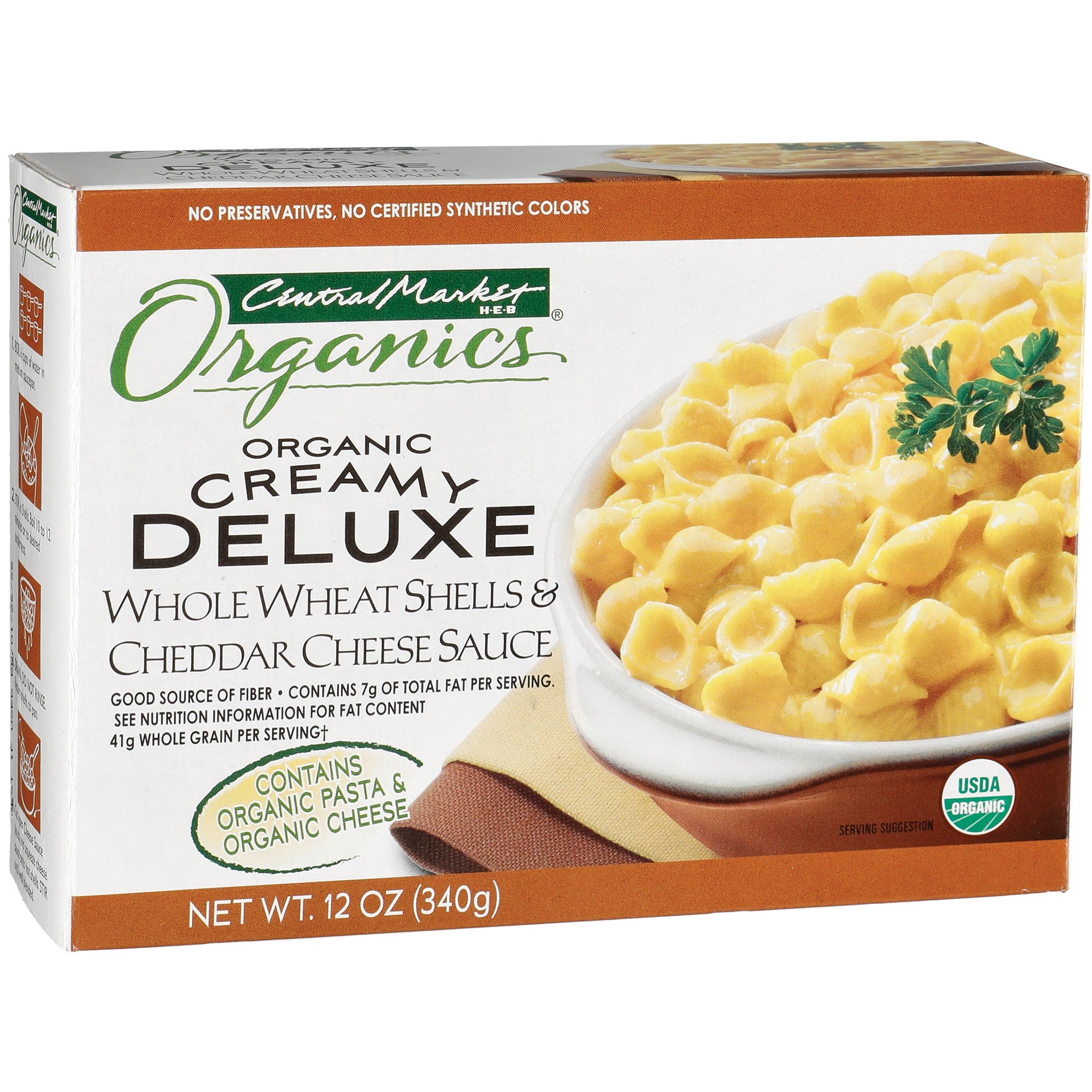 slide 1 of 1, Central Market Organics Creamy Deluxe Whole Wheat Shells & Cheddar Cheese Sauce, 12 oz