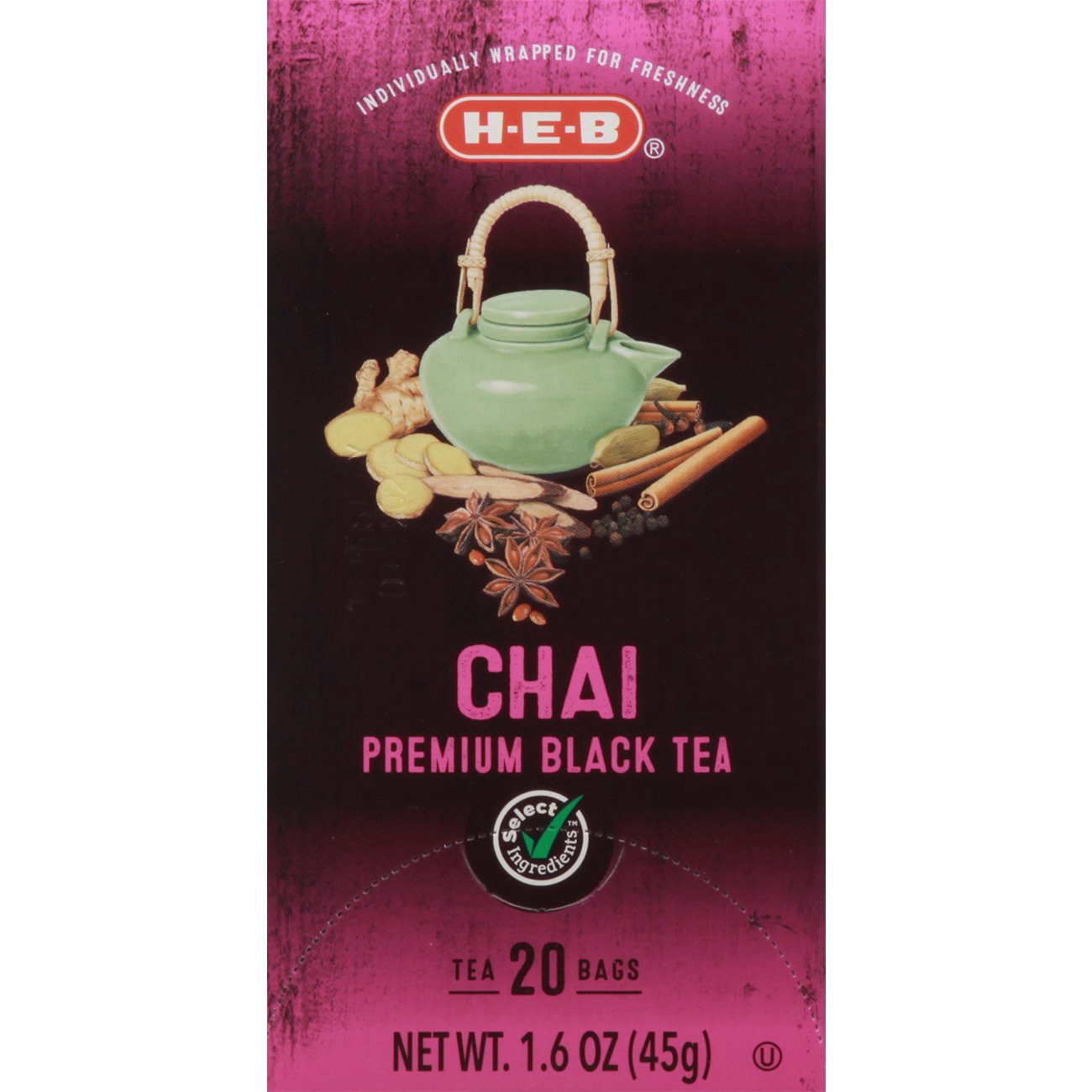 slide 1 of 1, H-E-B Chai Black Tea Bags, 20 ct