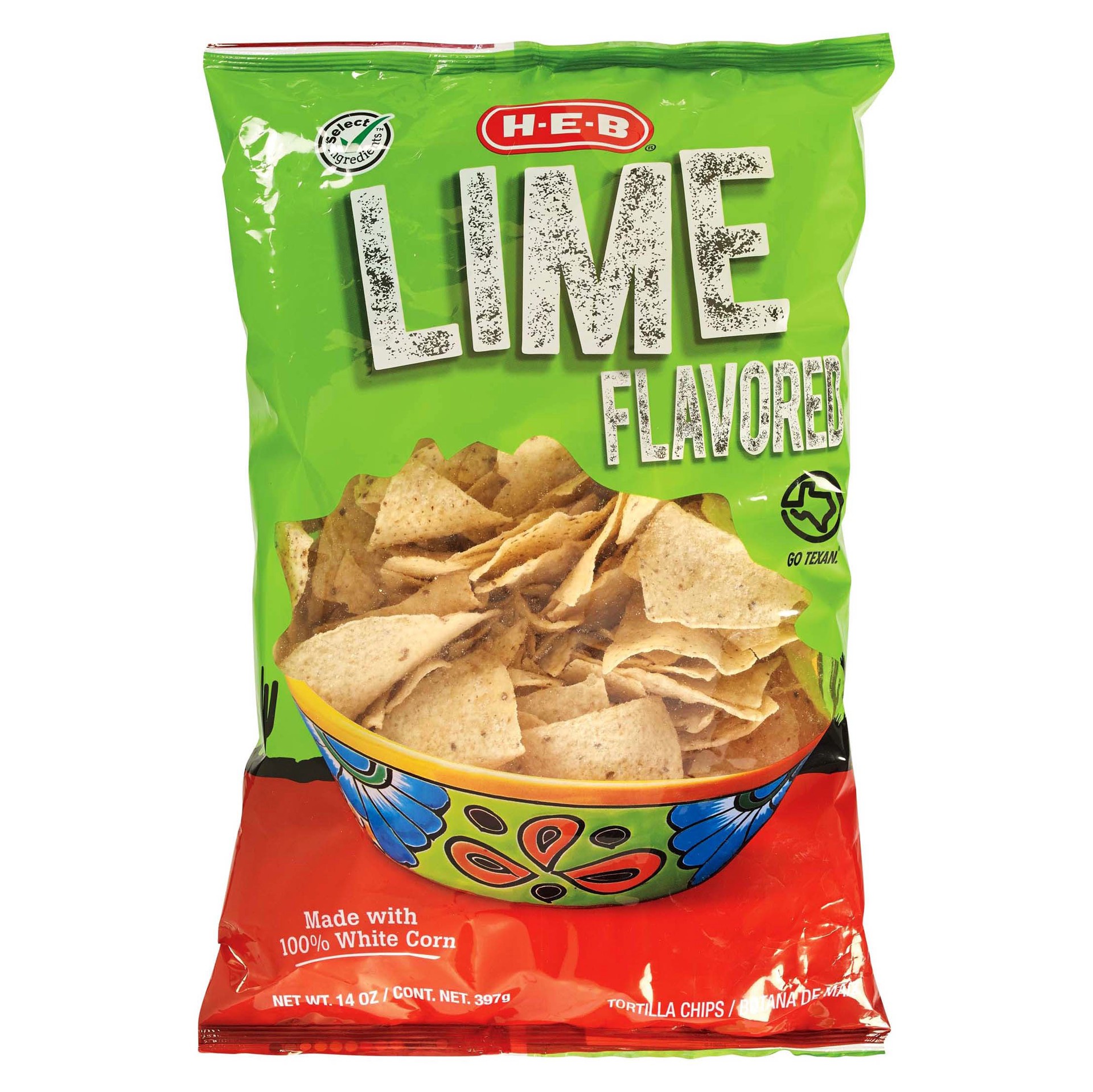 slide 1 of 1, H-E-B Lime-Flavored White Corn Tortilla Chips, 14 oz