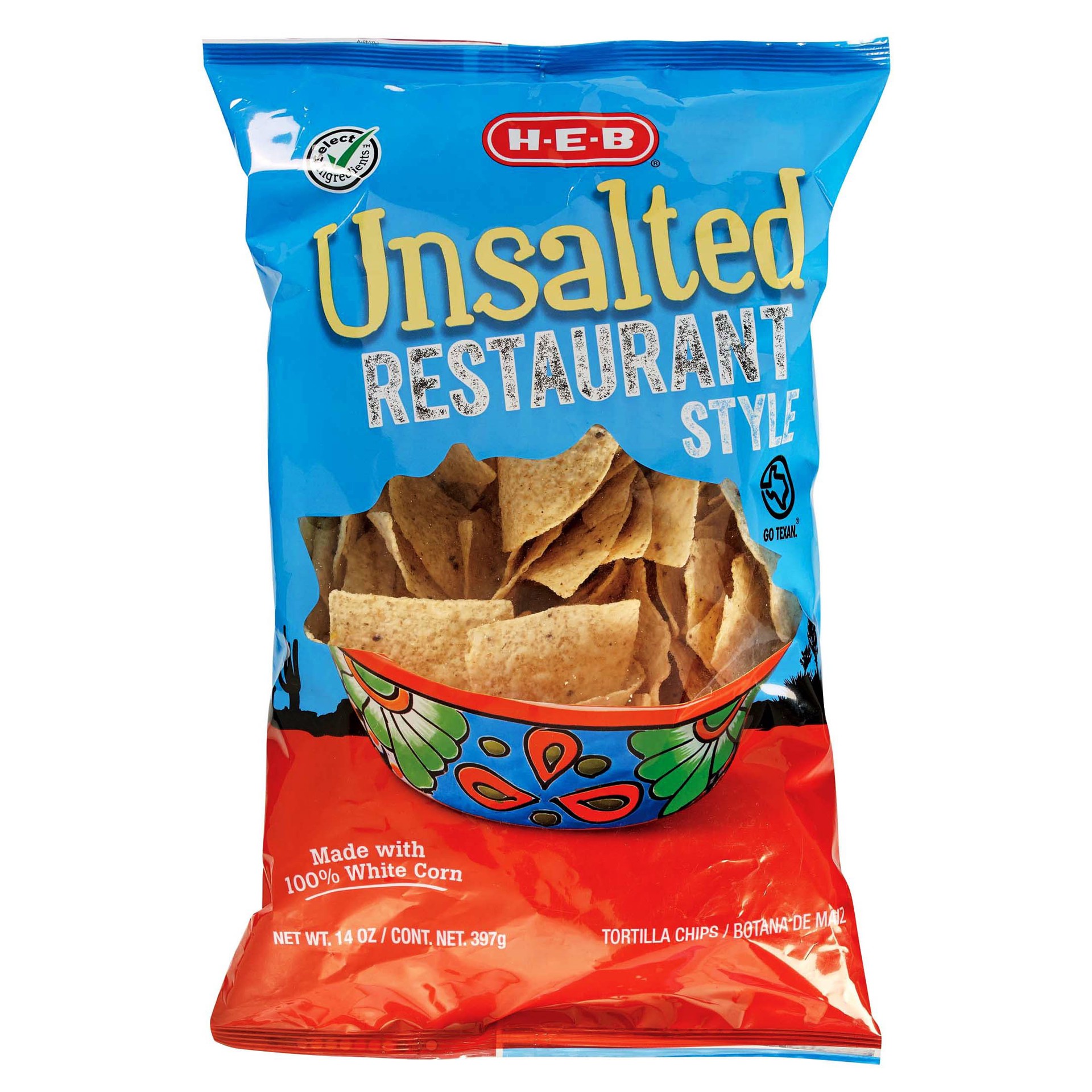 slide 1 of 1, H-E-B Restaurant Style White Corn Tortilla Chips - Unsalted, 14 oz