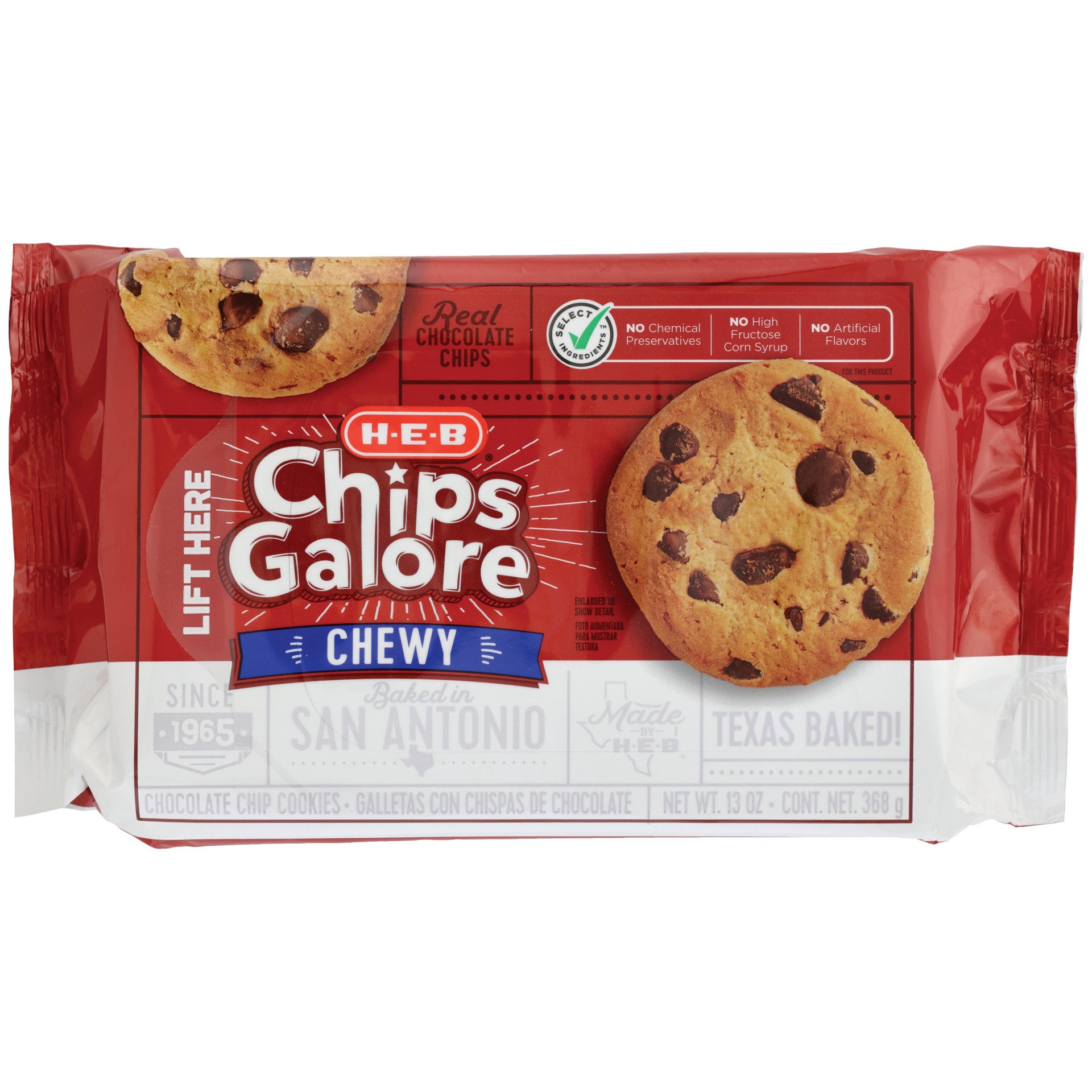 slide 1 of 1, H-E-B Chips Galore Chewy Chocolate Chip Cookies, 13 oz