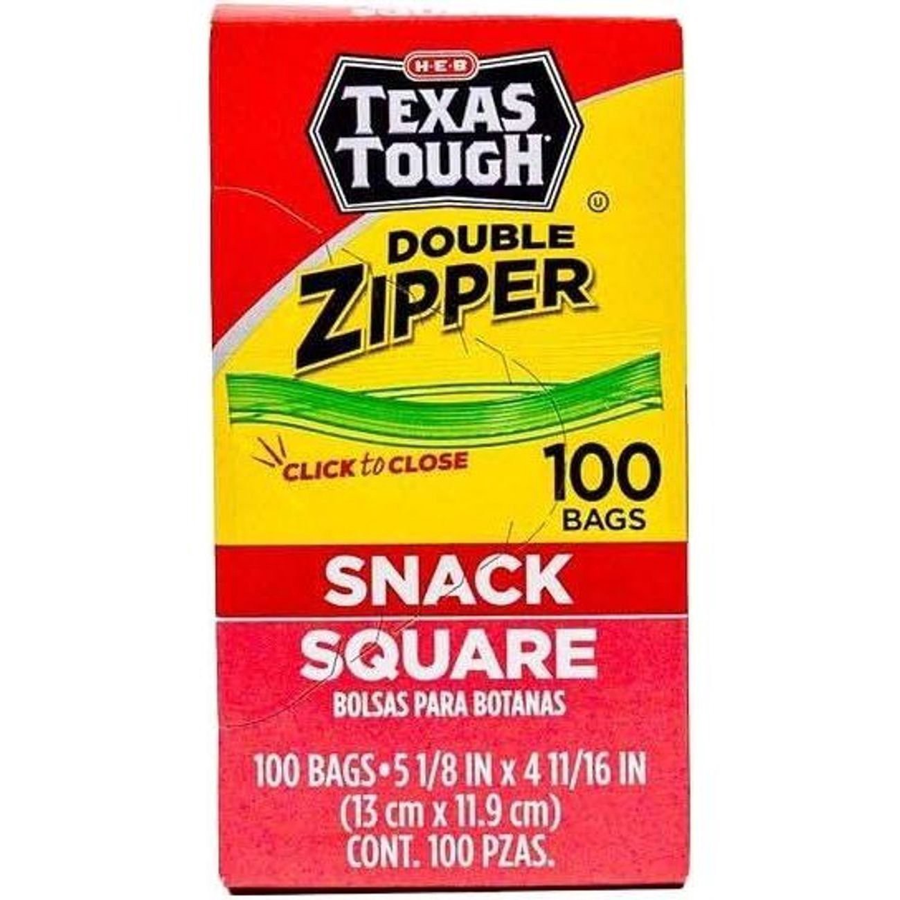 slide 1 of 1, H-E-B Texas Tough Double Zipper Square Snack Bags, 100 ct