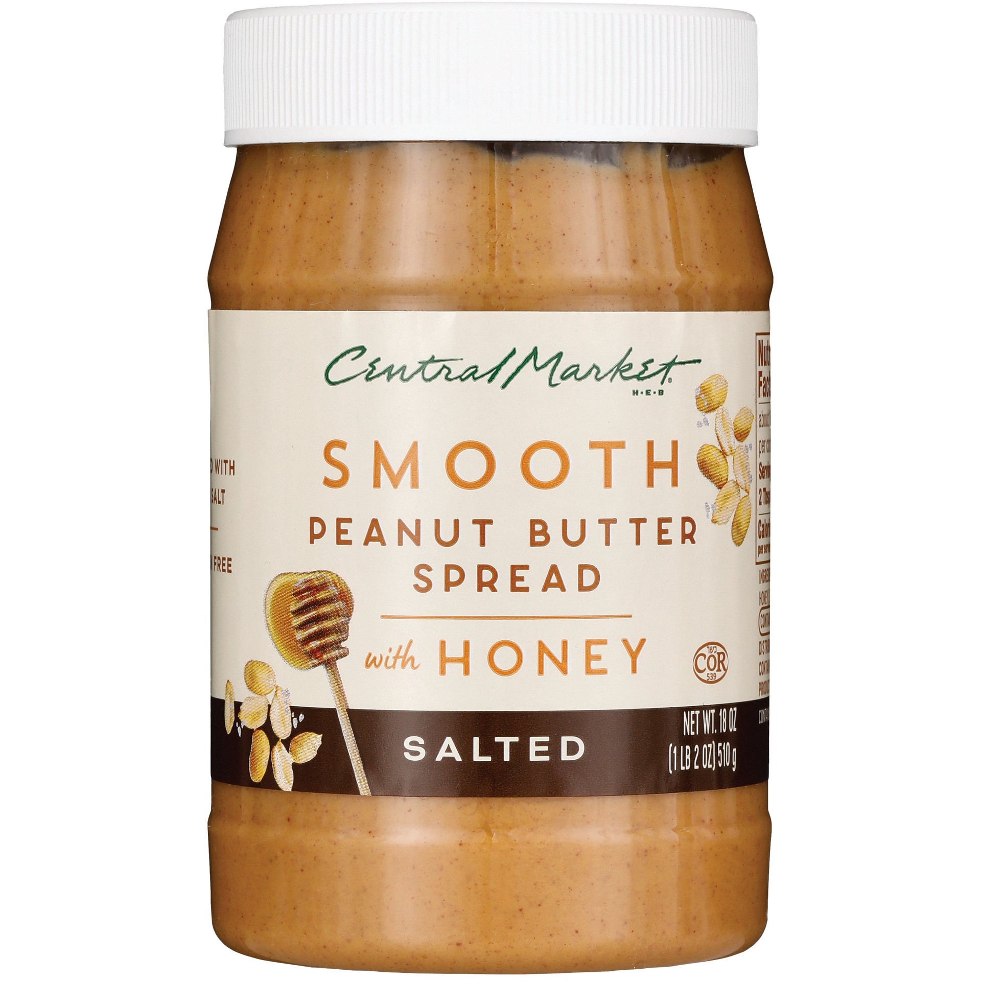 slide 1 of 1, Central Market Smooth Peanut Butter with Honey - Salted, 18 oz