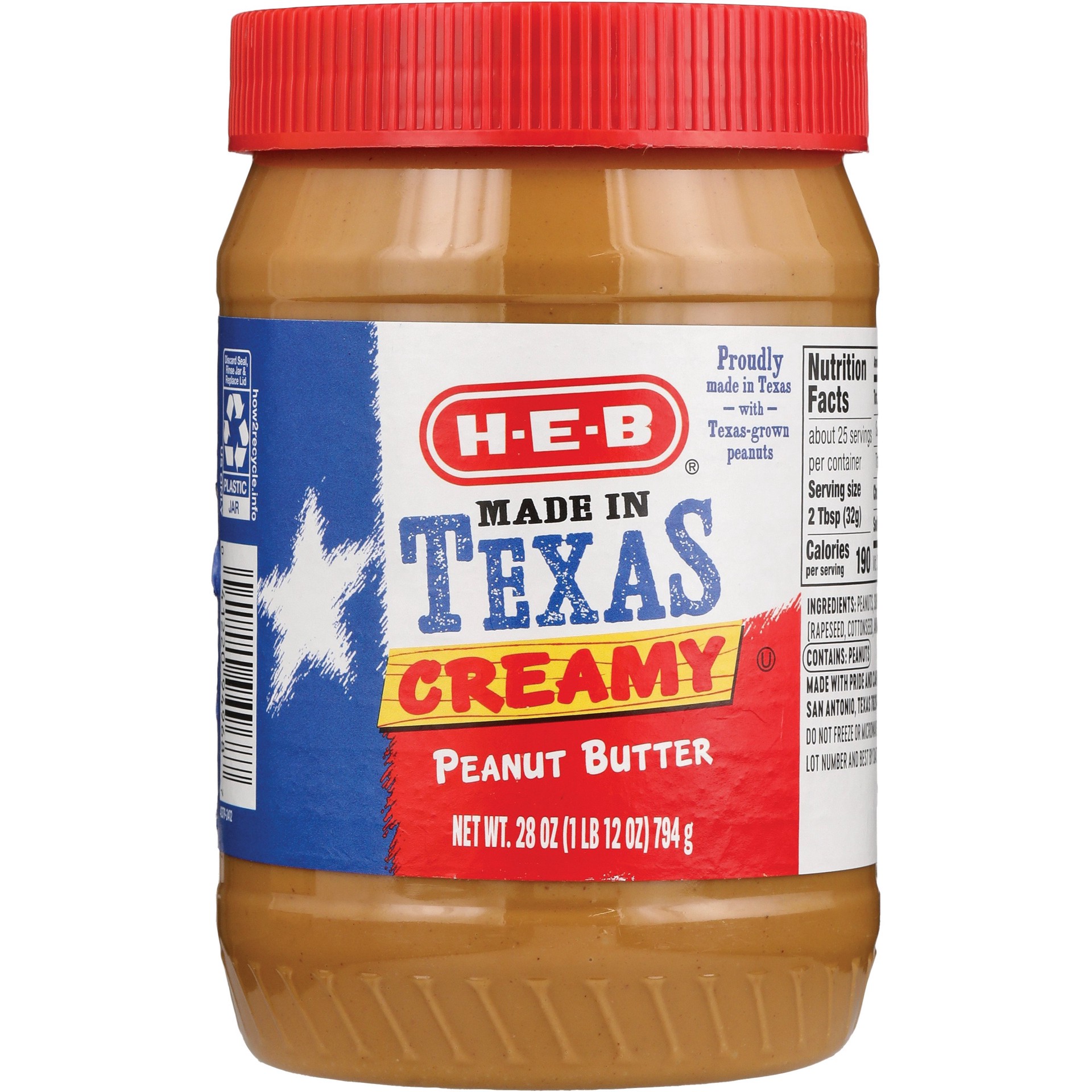 slide 1 of 1, H-E-B Made in Texas Creamy Peanut Butter, 28 oz