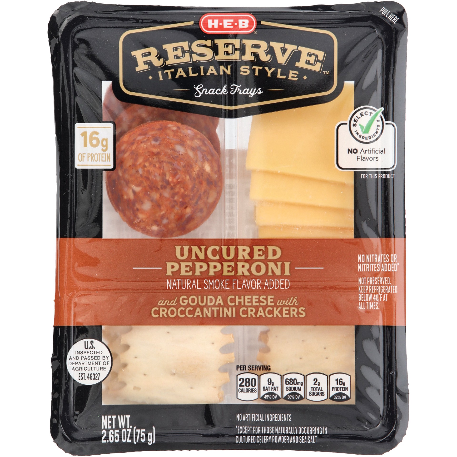 slide 1 of 1, H-E-B Reserve Italian Style Snack Tray - Uncured Pepperoni & Gouda Cheese, 2.65 oz