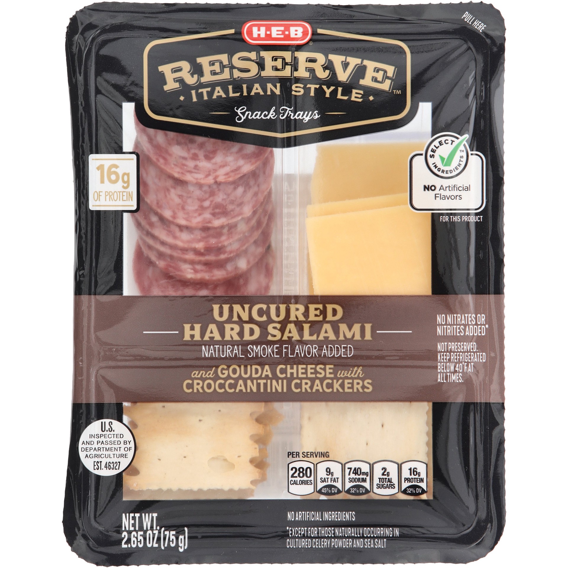 slide 1 of 1, H-E-B Reserve Italian Style Snack Tray - Uncured Hard Salami & Gouda Cheese, 2.65 oz