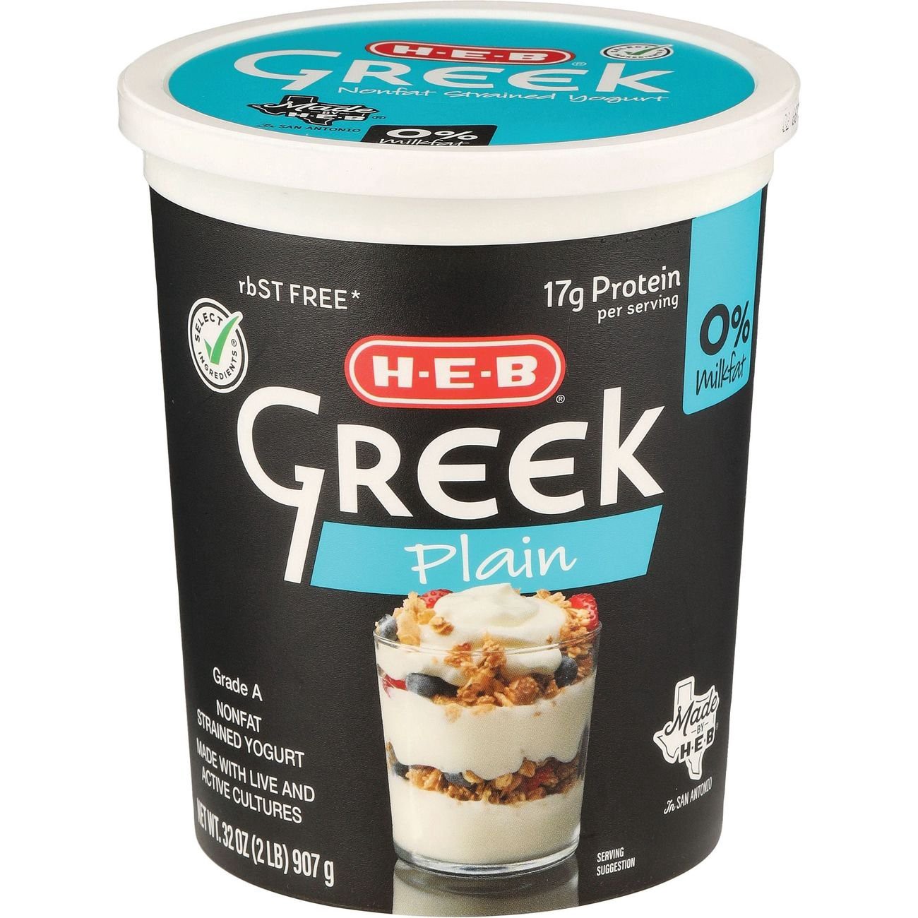 slide 1 of 1, H-E-B 17g Protein Nonfat Greek Yogurt - Plain, 32 oz