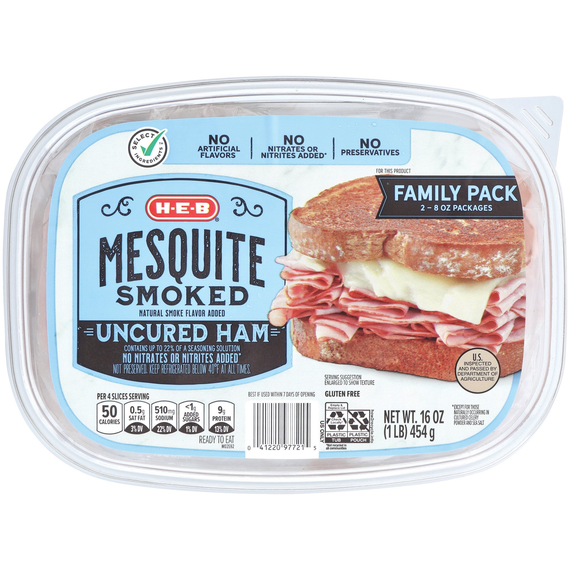 slide 1 of 1, H-E-B Mesquite-Smoked Ham Lunch Meat - Family Pack, 16 oz