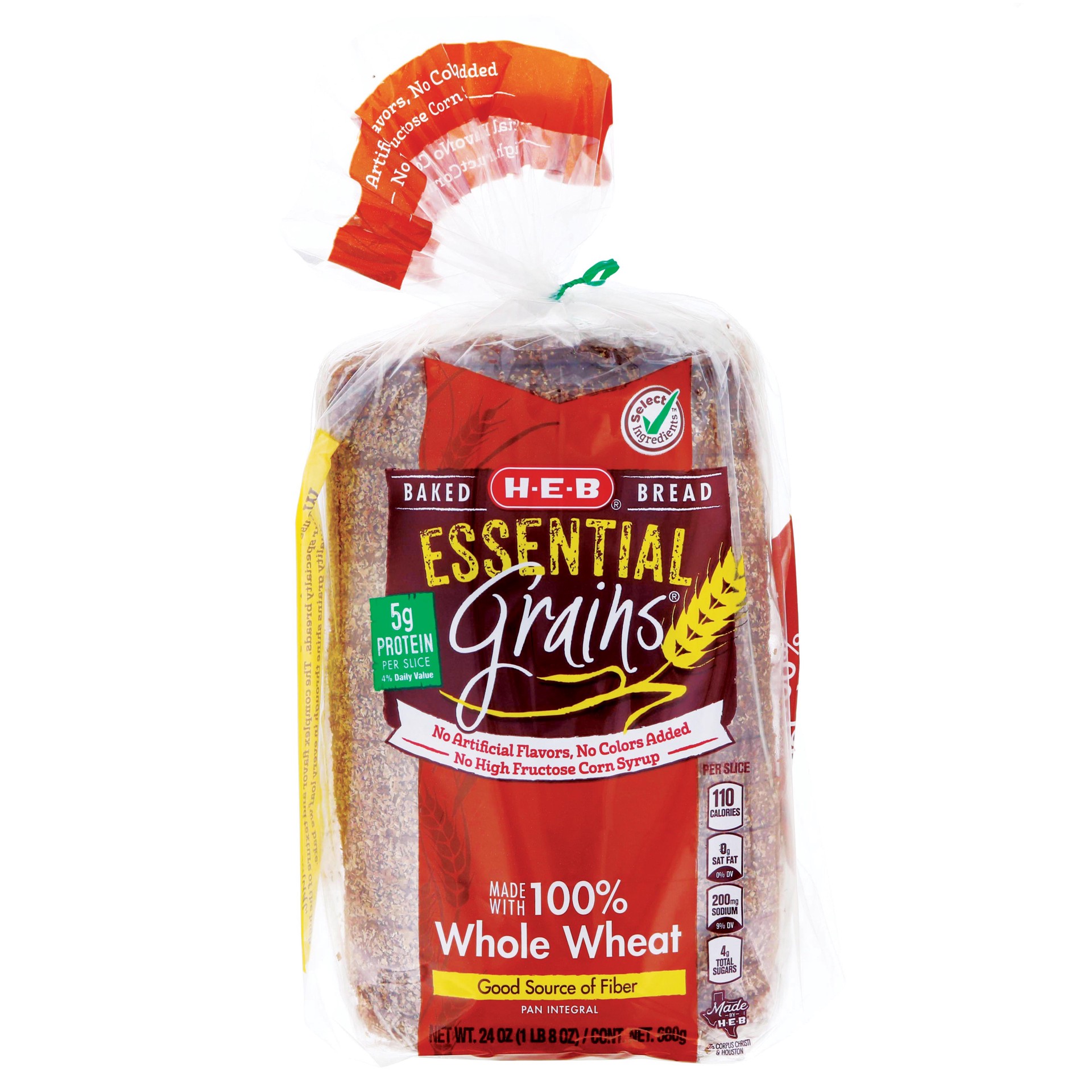 slide 1 of 1, H-E-B Essential Grains 100% Whole Wheat Sliced Bread, 24 oz