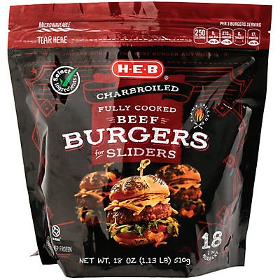 slide 1 of 1, H-E-B Fully Cooked Beef Burger Sliders, 18 ct