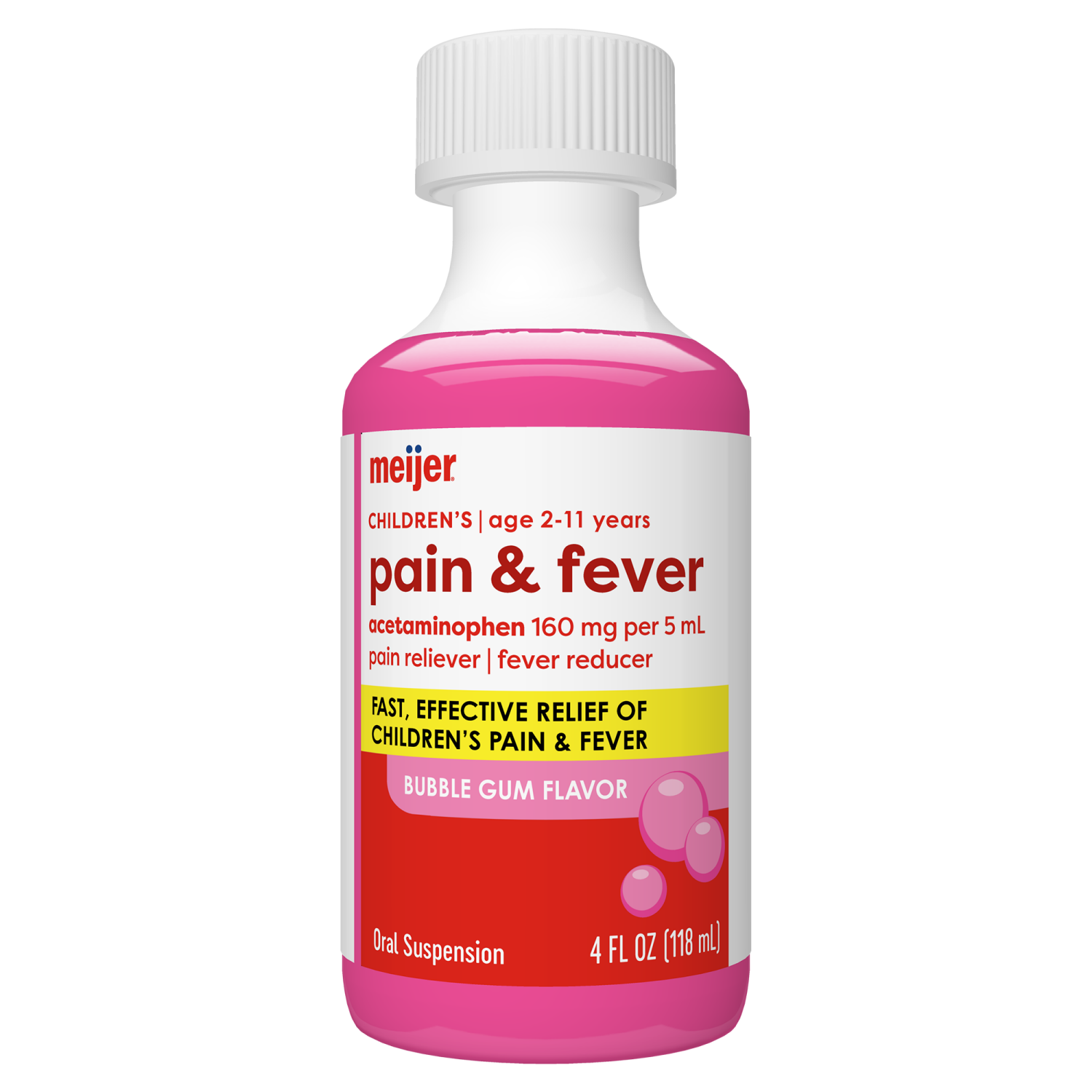 slide 4 of 7, Meijer Children's Pain Reliever Oral Suspension Liquid, Bubble Gum Flavor, Acetaminophen per, Effective, Safe Pain Reliever/Fever Reducer for Children Age 2-11 Years, 4 fl oz