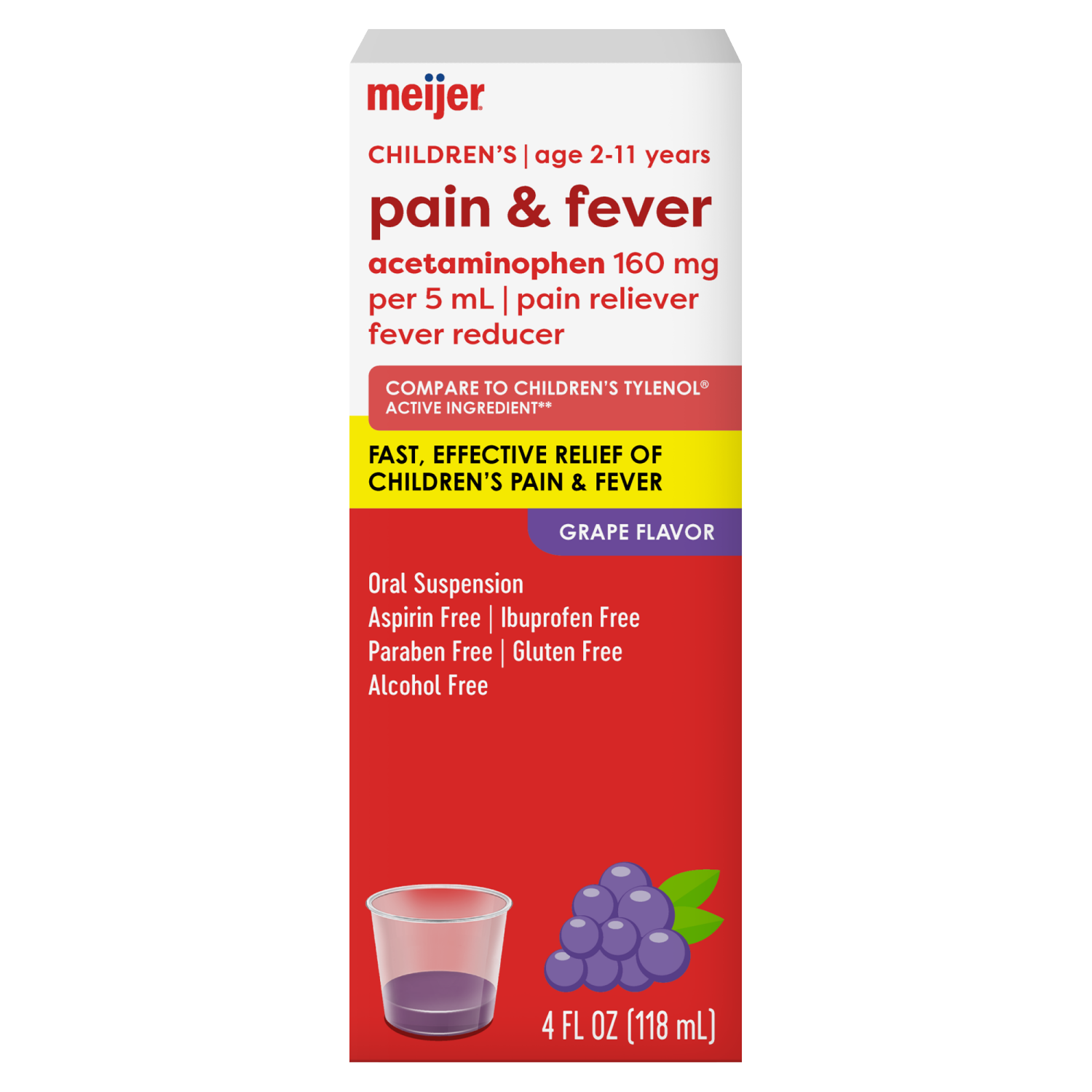 slide 1 of 5, Meijer Children's Pain & Fever Acetaminophen Oral Suspension, Grape, 4 fl oz