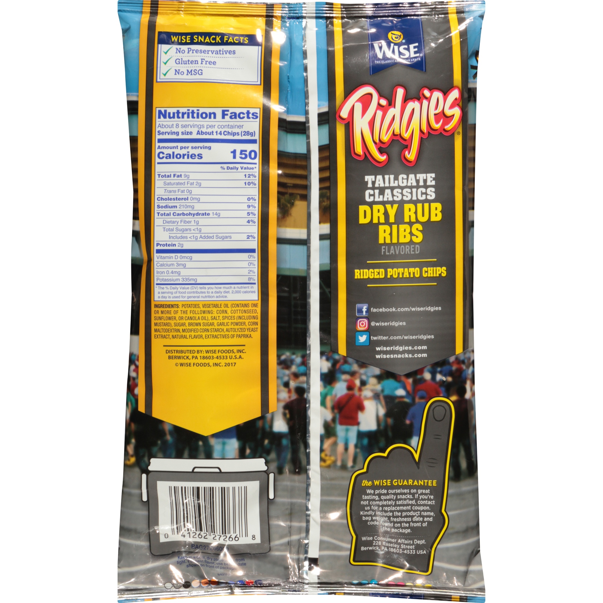 slide 3 of 6, Wise Ridgies Tailgate Dry Rub Ribs Flavored Potato Chips, 8.25 oz