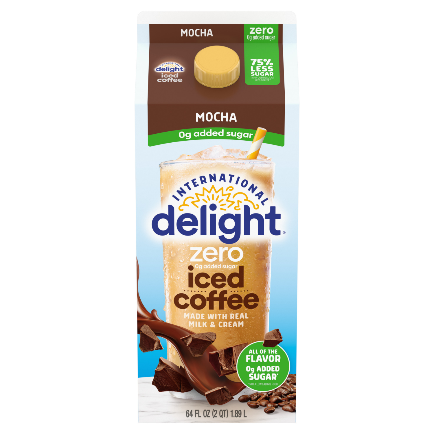 slide 2 of 8, International Delight Zero Iced Coffee, 0g Added Sugar, Mocha, 64 FL OZ Carton, 64 fl oz