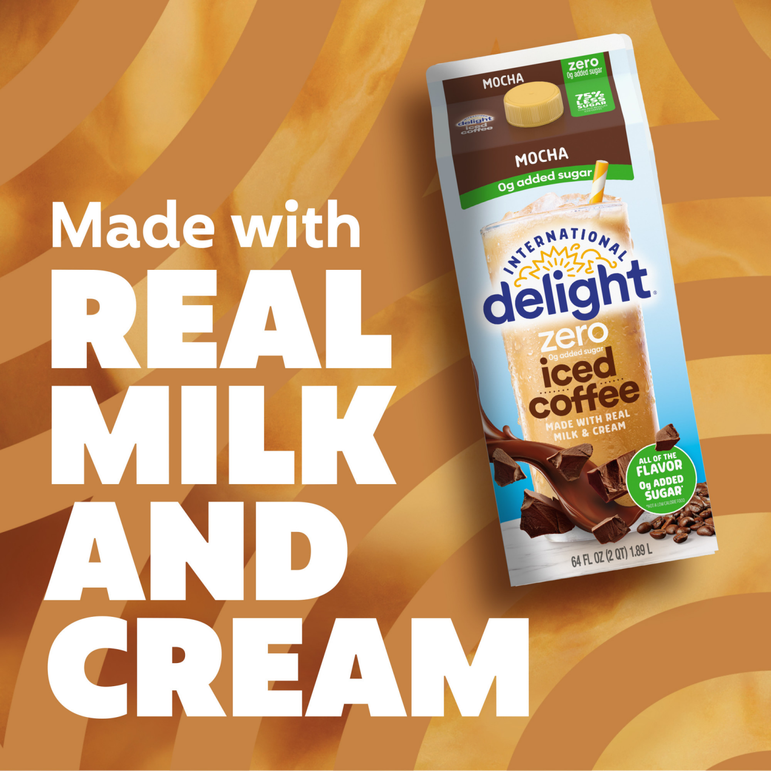 slide 3 of 8, International Delight Zero Iced Coffee, 0g Added Sugar, Mocha, 64 FL OZ Carton, 64 fl oz