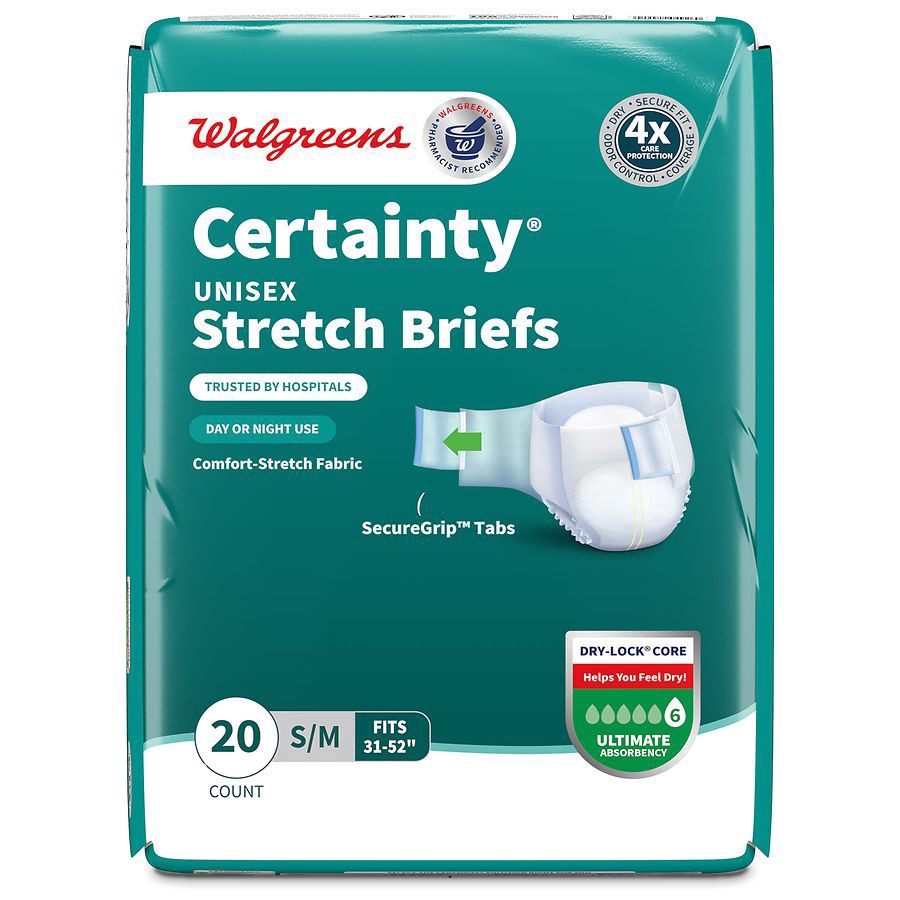 slide 4 of 5, Walgreens Certainty Unisex Adjustable Incontinence Stretch Briefs with Tabs Small/Medium, 20 ct