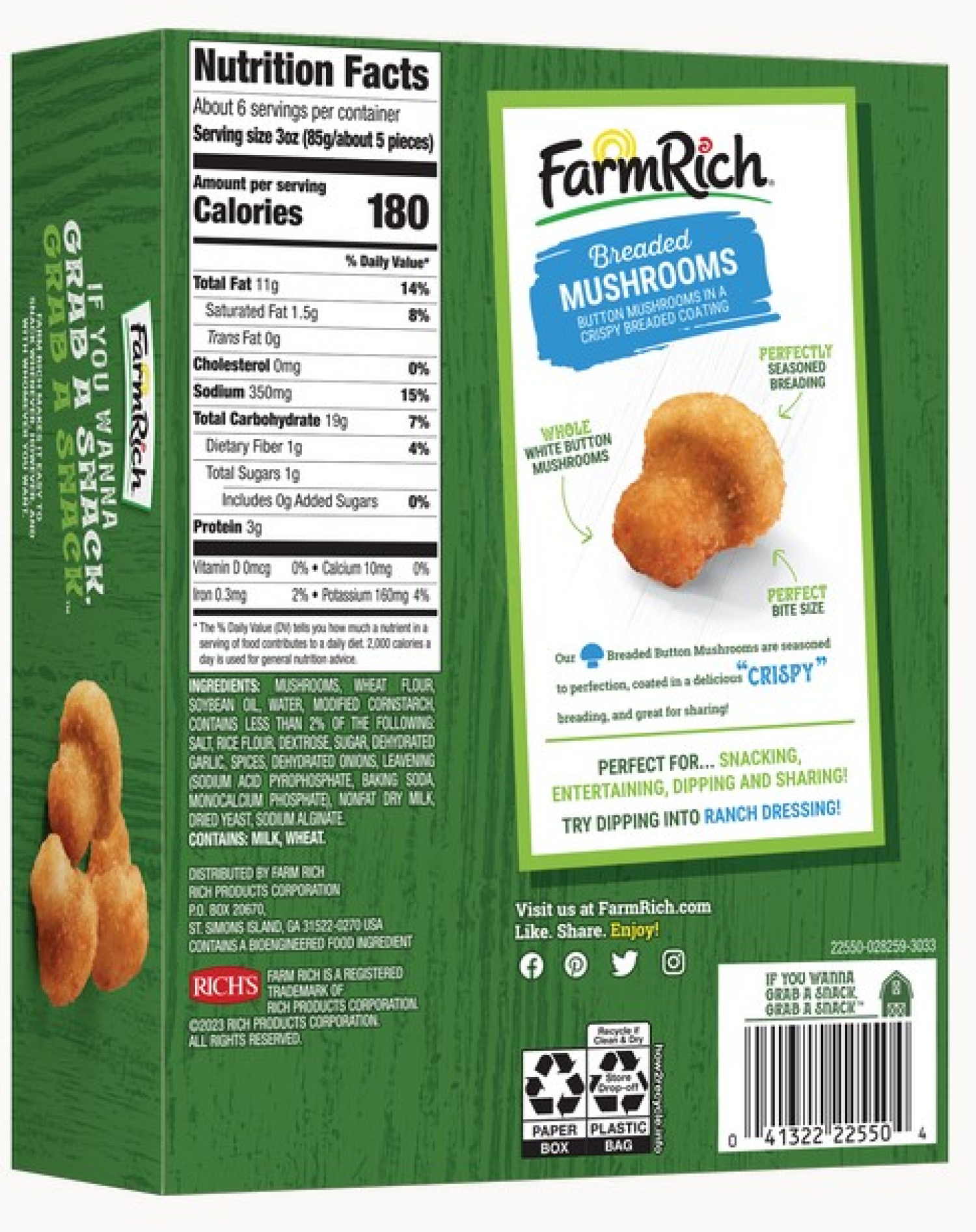 slide 2 of 7, Farm Rich Breaded Mushrooms in a Crispy Breaded Coating, 17 oz (Frozen Snacks and Appetizers), 17 oz