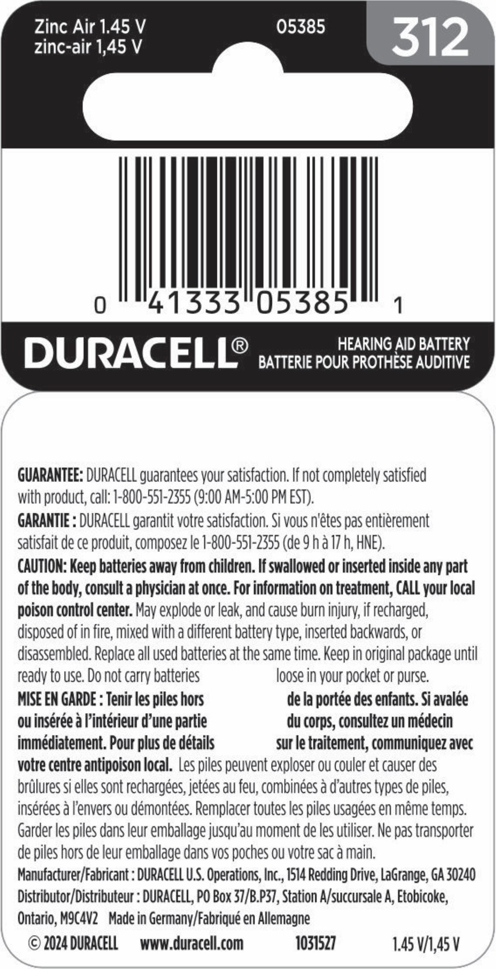 slide 2 of 2, Duracell Hearing Aid Battery, Size 312, 8 pk, 8 ct