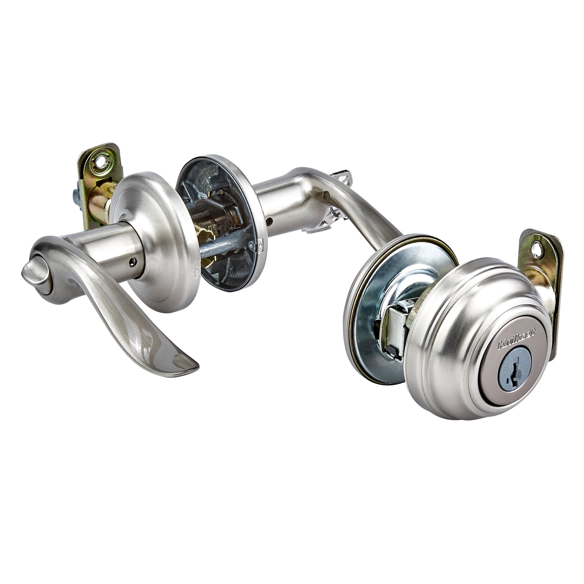 slide 2 of 6, Kwikset Signature Series Tustin Satin nickel Exterior Single-Cylinder Deadbolt and Keyed Entry Door Handle Combo Pack ft. SmartKey Security, 1 ct