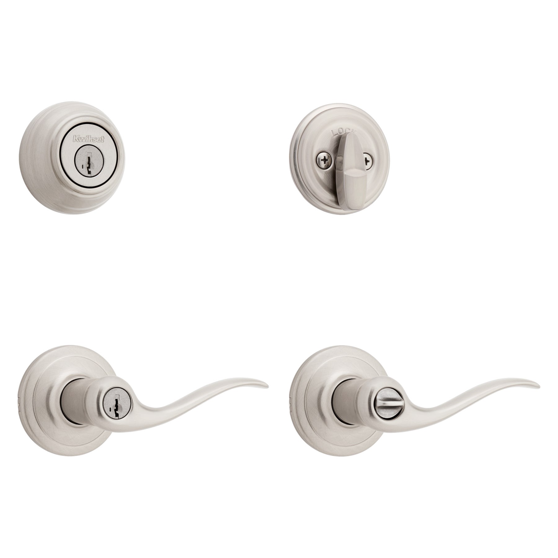 slide 1 of 6, Kwikset Signature Series Tustin Satin nickel Exterior Single-Cylinder Deadbolt and Keyed Entry Door Handle Combo Pack ft. SmartKey Security, 1 ct