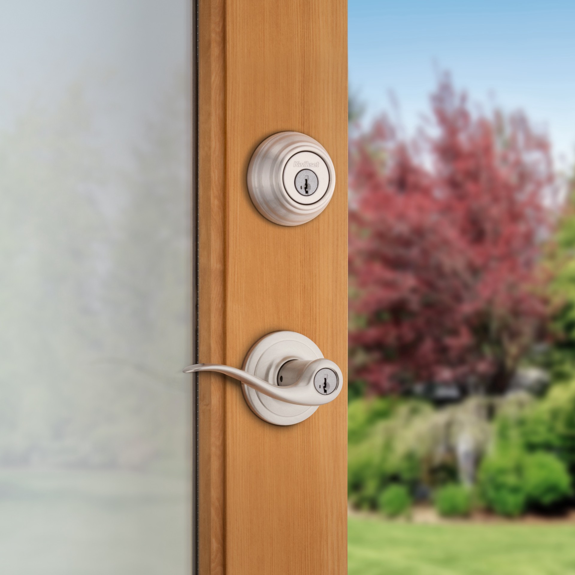 slide 3 of 6, Kwikset Signature Series Tustin Satin nickel Exterior Single-Cylinder Deadbolt and Keyed Entry Door Handle Combo Pack ft. SmartKey Security, 1 ct