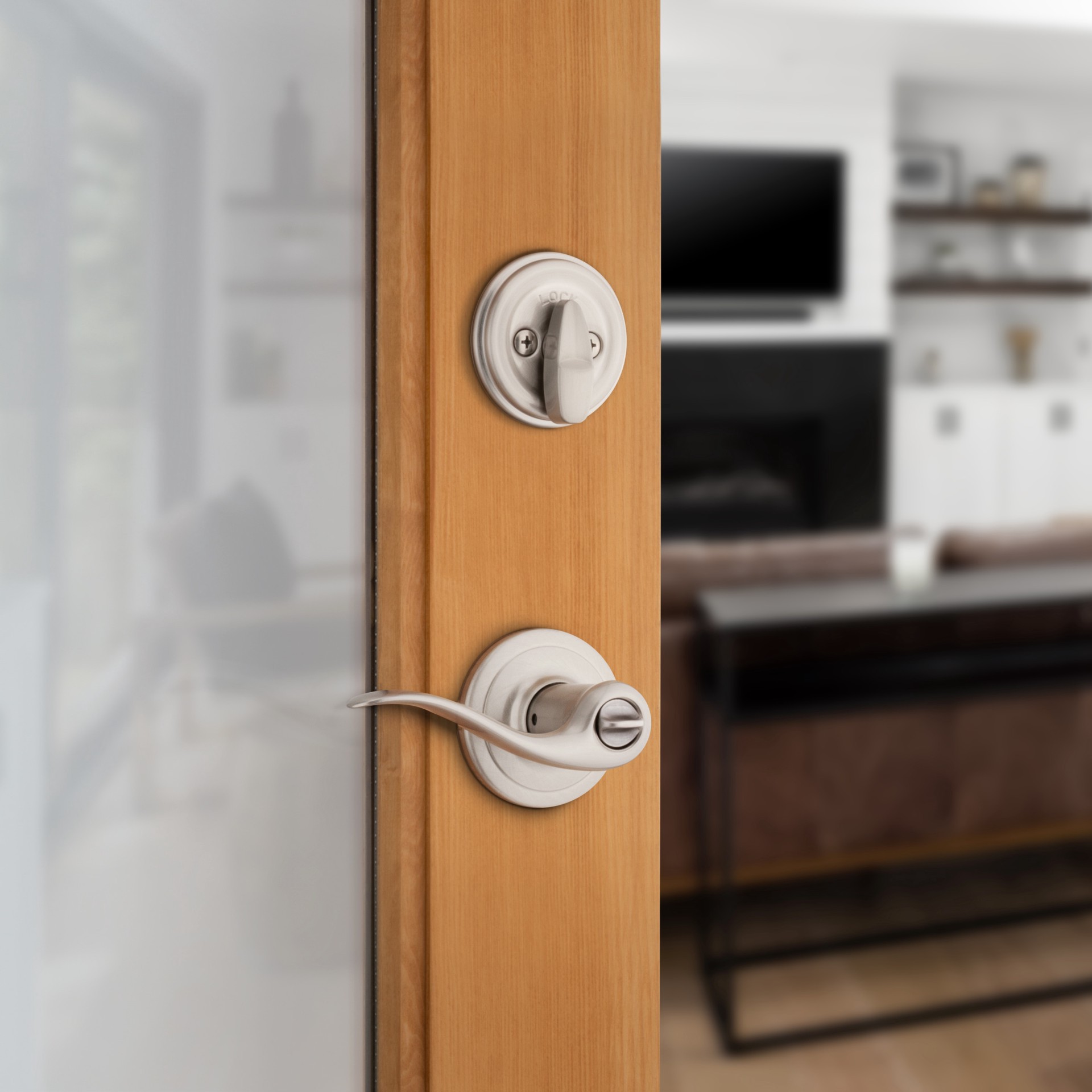 slide 4 of 6, Kwikset Signature Series Tustin Satin nickel Exterior Single-Cylinder Deadbolt and Keyed Entry Door Handle Combo Pack ft. SmartKey Security, 1 ct