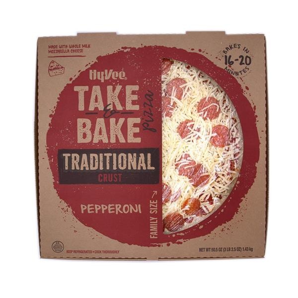 slide 1 of 1, Hy-Vee Take & Bake Pepperoni Family Size Traditional Crust Pizza, 50.5 oz