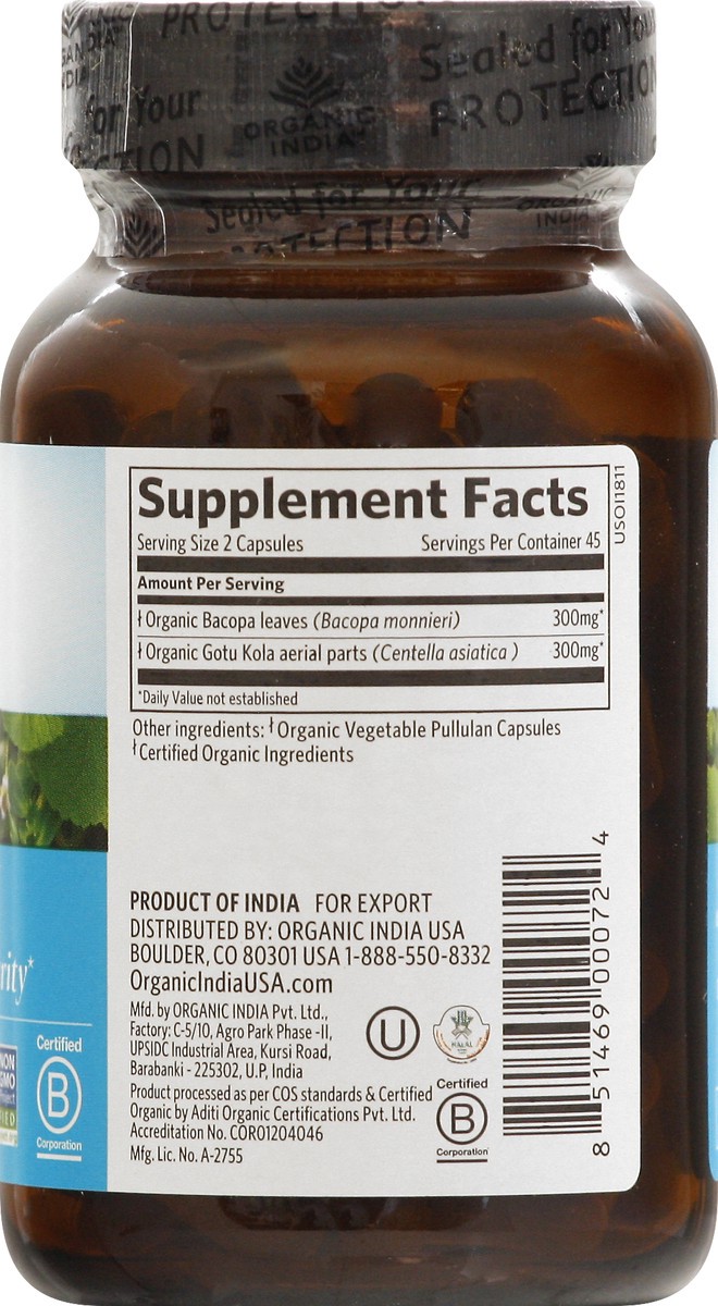 slide 8 of 9, Organic India Vegetarian Caps Memory Herbal Supplement 90 ea, 90 ct