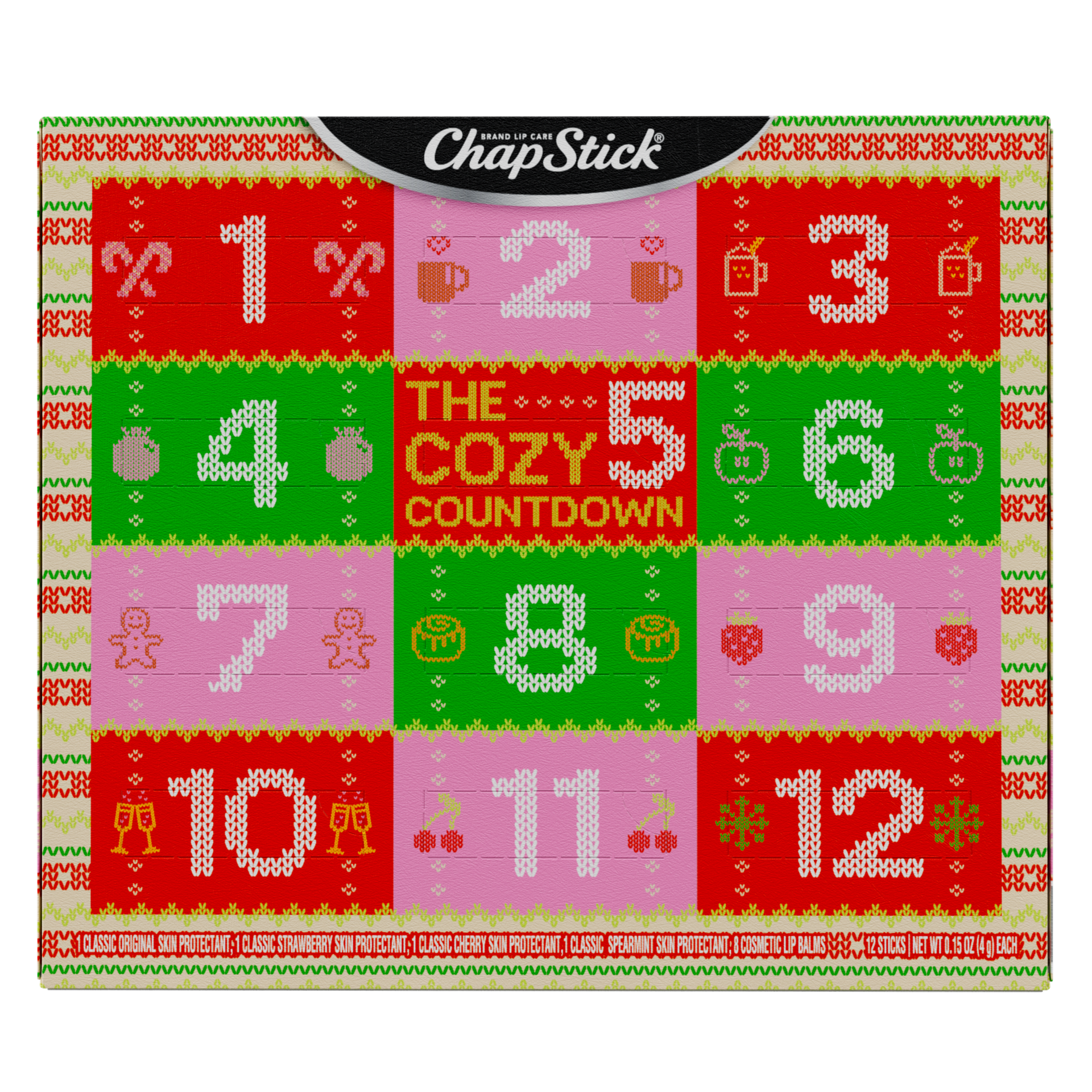 slide 1 of 2, ChapStick 12 Days Advent Calendar Lip Balm Holiday Gift Set, Moisturizing Daily Lip Care For Dry, Chapped Lips, Soothing Hydration, Limited Edition Cozy Flavors, 12 Pack Variety, 0.15 oz Each, 1 ct