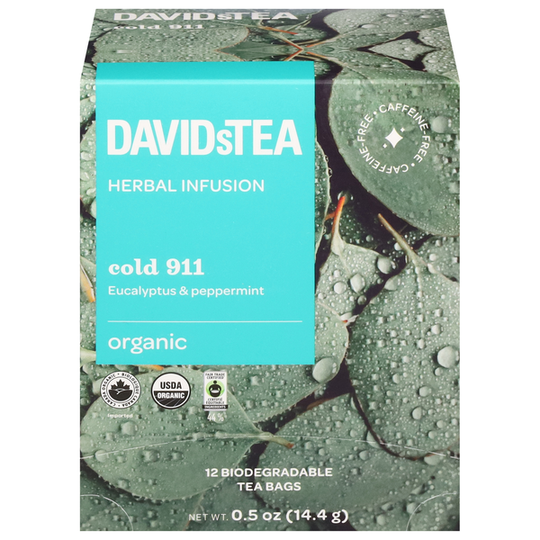 slide 1 of 1, DavidsTea Organic Caffeine Free Cold 911 Herbal Infusion Tea Bags, 12 ct