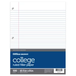 Office Depot Brand Notebook Filler Paper, College Ruled, 8'' X 10 1/2'', White, Pack Of 500 Sheets