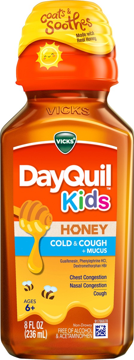 slide 2 of 2, Vicks Kids DayQuil Honey Cold & Cough + Mucus Relief for Cough & Nasal Congestion, Flavored with Real Honey, For Children Ages 6+, 8 FL OZ, 8 oz