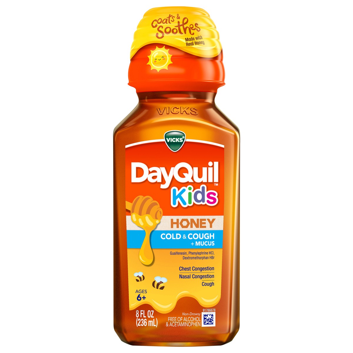 slide 1 of 2, Vicks Kids DayQuil Honey Cold & Cough + Mucus Relief for Cough & Nasal Congestion, Flavored with Real Honey, For Children Ages 6+, 8 FL OZ, 8 oz