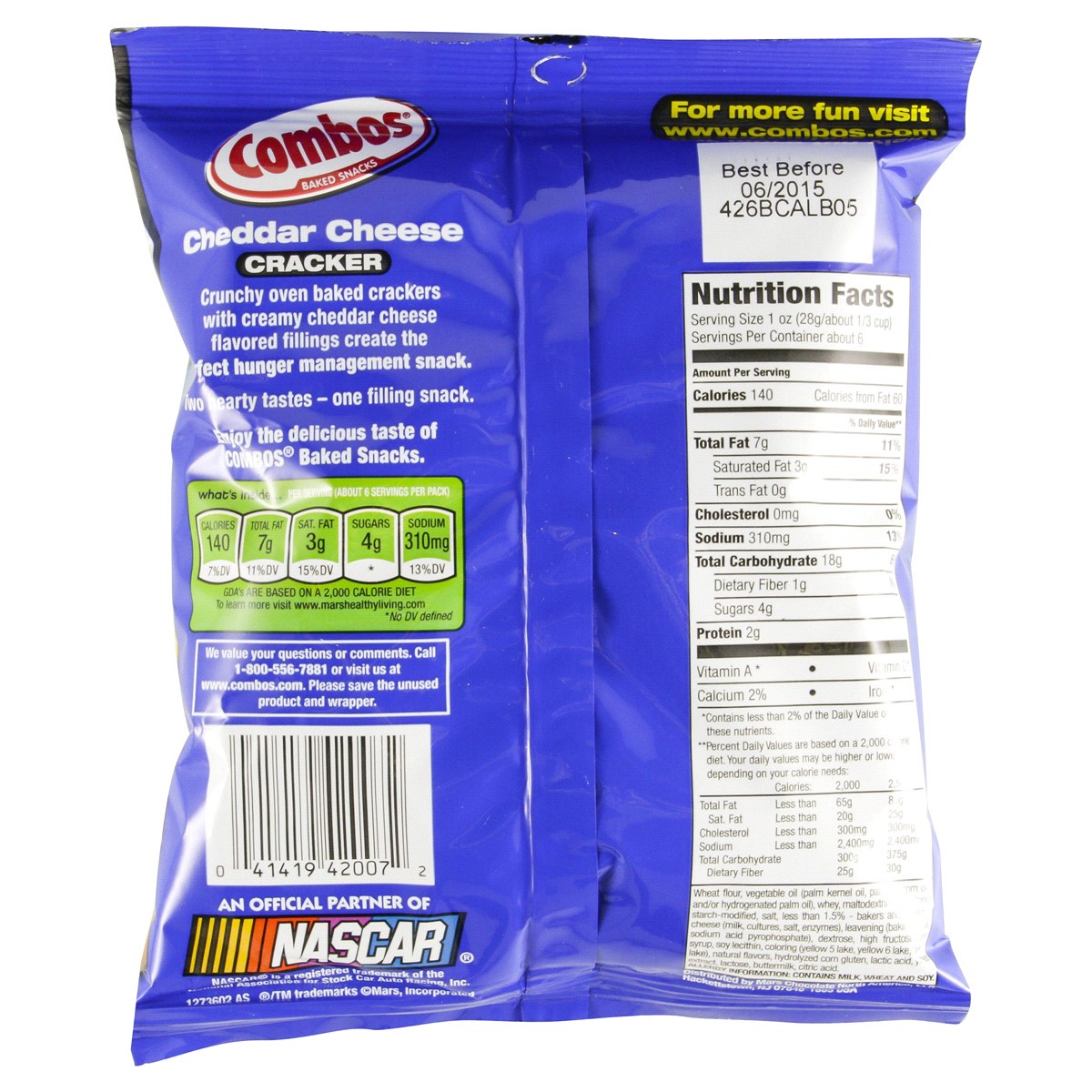 slide 2 of 2, COMBOS Stuffed Snacks Cheddar Cheese Baked Cracker Snacks, 6.3 oz Bag, 6.2 oz