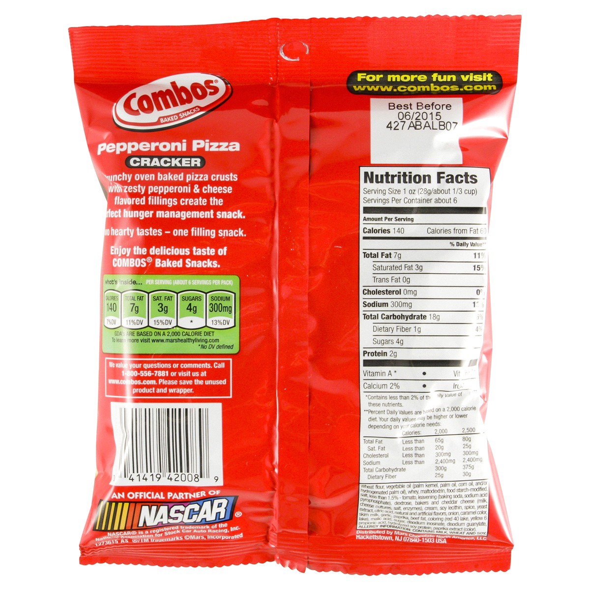 slide 2 of 2, COMBOS Stuffed Snacks Pepperoni Pizza Baked Cracker Snacks, 6.3 oz Bag, 6.3 oz