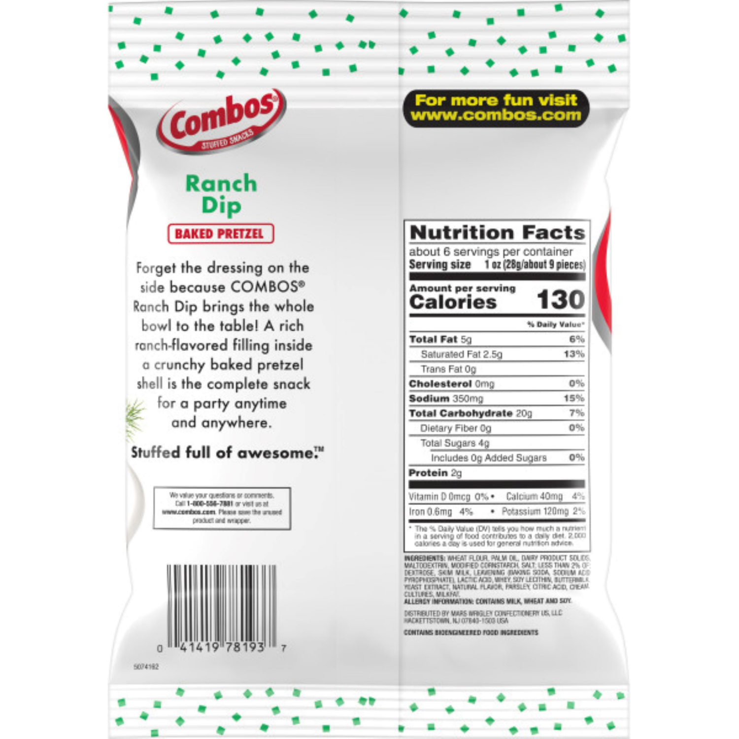 slide 2 of 3, COMBOS Ranch Dip Baked Pretzel Snacks - 6.3 oz Bag, 6.3 oz