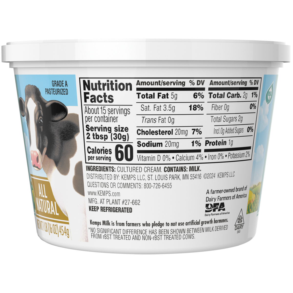 slide 2 of 2, Kemps All Natural Sour Cream, 16oz, 1 lb